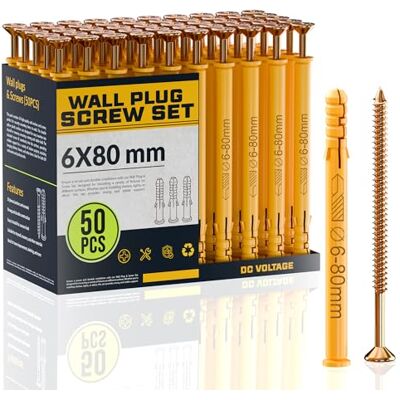 DC VOLTAGE Juego de 50 tornillos y tacos de pared amarillos, pernos de anclaje, tamaños de enchufe resistentes (6 mm x 80 mm), sujetadores para ladrillo, mampostería, fijaciones de placas de yeso, soporte de TV DC VOLTAGE Juego de 50 tornillos y tacos de pared amarillos, pernos de anclaje, tamaños de enchufe resistentes (6 mm x 80 mm), sujetadores para ladrillo, mampostería, fijaciones de placas de yeso, soporte de TV