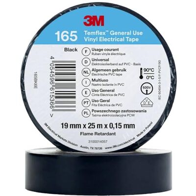 3M Temflex 165 165BK6E Cinta Aislante Temflex 165, Color Negro (Largo x Ancho), 25 m x 19 mm, 1 Unidad 3M Temflex 165 165BK6E Cinta Aislante Temflex 165, Color Negro (Largo x Ancho), 25 m x 19 mm, 1 Unidad
