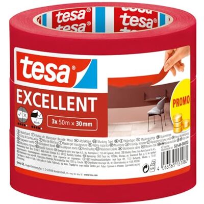 tesa Cinta de Pintar Excellent Cinta de Carrocero con Soporte de Papel Fino para Enmascarar Trabajos de Pintura en Interiores Todo tipo de Pinturas y Barnices 3x 50 m x 30 mm tesa Cinta de Pintar Excellent Cinta de Carrocero con Soporte de Papel Fino para Enmascarar Trabajos de Pintura en Interiores Todo tipo de Pinturas y Barnices 3x 50 m x 30 mm