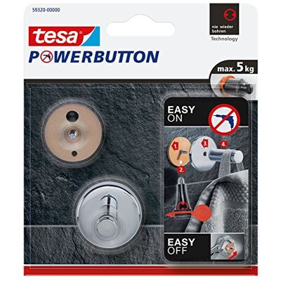 tesa Powerbutton Gancho Adhesivo Universal para Pared Montaje sin Taladrar Alta Fuerza de Fijación hasta 5 kg con Tecnología Powerbutton Pequeña Cromado tesa Powerbutton Gancho Adhesivo Universal para Pared Montaje sin Taladrar Alta Fuerza de Fijación hasta 5 kg con Tecnología Powerbutton Pequeña Cromado
