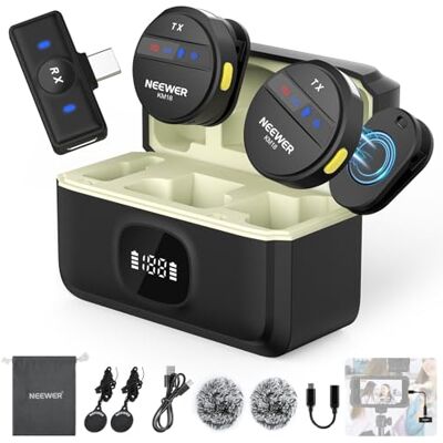 NEEWER Micrófono Lavalier Inalámbrico para iPhone Mini Mic Solapa Set Cancelar Ruido y Estuche de Carga USB C OTG Batería 24H 200m Alcance Compatible con iPhone 16 15 Android PC Portátil, KM18 NEEWER Micrófono Lavalier Inalámbrico para iPhone Mini Mic Solapa Set Cancelar Ruido y Estuche de Carga USB C OTG Batería 24H 200m Alcance Compatible con iPhone 16 15 Android PC Portátil, KM18