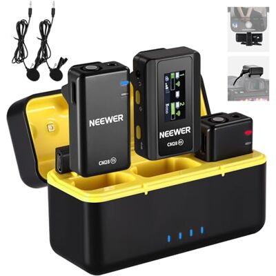 NEEWER CM28 Sistema Micrófono Inalámbrico Lavalier con Estuche, 2 Clips, Reducir Ruido con 1 Clic, Almacenamiento 4GB, Reproducción 9H, Micrófono de Solapa Compatible con iPhone/Android/PC/Cámara NEEWER CM28 Sistema Micrófono Inalámbrico Lavalier con Estuche, 2 Clips, Reducir Ruido con 1 Clic, Almacenamiento 4GB, Reproducción 9H, Micrófono de Solapa Compatible con iPhone/Android/PC/Cámara