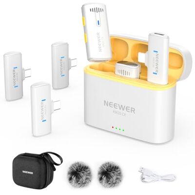 NEEWER Micrófono Lavalier Inalámbrico Sistema para iPhone USB C Mini Clip on Mic Solapa con 2x Transmisor/4x Receptor/Adaptador OTG 200m Alcance Compatible con Android Tablet PC, Blanco, KM20 NEEWER Micrófono Lavalier Inalámbrico Sistema para iPhone USB C Mini Clip on Mic Solapa con 2x Transmisor/4x Receptor/Adaptador OTG 200m Alcance Compatible con Android Tablet PC, Blanco, KM20