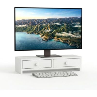 Relaxdays Soporte Monitor , 2 cajones, 12,5x47x18 cm, MDF, Elevador de Escritorio, Soporte PC, Blanco Relaxdays Soporte Monitor , 2 cajones, 12,5x47x18 cm, MDF, Elevador de Escritorio, Soporte PC, Blanco