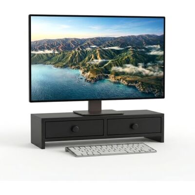 Relaxdays Soporte para Monitor , 2 cajones, (Al x An x Pr) 12,5 x 47 x 18 cm, MDF, Elevador de Escritorio, Negro Relaxdays Soporte para Monitor , 2 cajones, (Al x An x Pr) 12,5 x 47 x 18 cm, MDF, Elevador de Escritorio, Negro