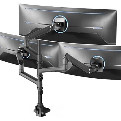 VIVO Soporte de escritorio extra alto con brazo neumático para triple monitor ultraancho para pantallas de hasta 124 cm, abrazadera resistente, soporta 3 monitores ultraanchos de hasta 20 kg, negro VIVO Soporte de escritorio extra alto con brazo neumático para triple monitor ultraancho para pantallas de hasta 124 cm, abrazadera resistente, soporta 3 monitores ultraanchos de hasta 20 kg, negro