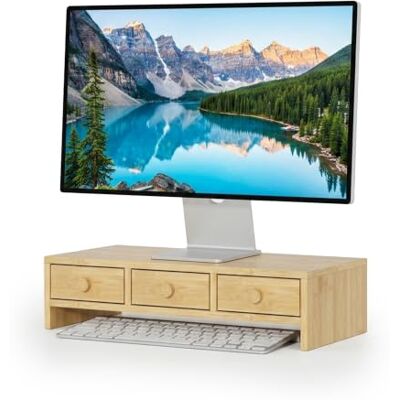 Relaxdays Soporte para Monitor, 3 cajones, 12,5x51x24 cm, MDF, Elevador de Escritorio, Soporte PC, Natural Relaxdays Soporte para Monitor, 3 cajones, 12,5x51x24 cm, MDF, Elevador de Escritorio, Soporte PC, Natural