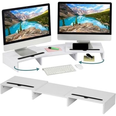Relaxdays Soporte para monitor, 2 monitores, segmentos ajustables, anchura 74-105 cm, elevación ergonómica, blanco Relaxdays Soporte para monitor, 2 monitores, segmentos ajustables, anchura 74-105 cm, elevación ergonómica, blanco