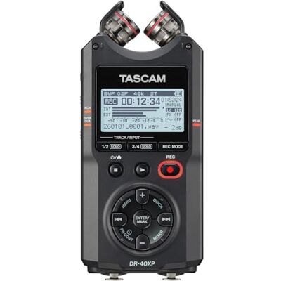 Tascam Grabadora portátil de campo de mano flotante de 4 canales de 32 bits e interfaz de audio USB-C, con 2 entradas XLR/TRS y micrófonos ajustables para música, audio para video y Tascam Grabadora portátil de campo de mano flotante de 4 canales de 32 bits e interfaz de audio USB-C, con 2 entradas XLR/TRS y micrófonos ajustables para música, audio para video y