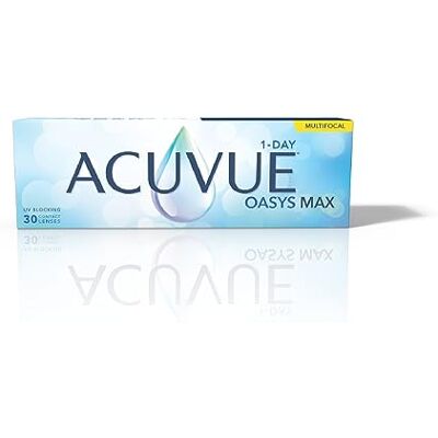 Acuvue Oasys Max 1-Day MULTIFOCAL Lentes diarias con Tecnología TearStable, filtro de luz OptiBlue y diseño Pupil Optimized, +4.00 dpt, diámetro 14.3 mm, 30 unidades, +2.00 adición, curva base 8.4 mm Acuvue Oasys Max 1-Day MULTIFOCAL Lentes diarias con Tecnología TearStable, filtro de luz OptiBlue y diseño Pupil Optimized, +4.00 dpt, diámetro 14.3 mm, 30 unidades, +2.00 adición, curva base 8.4 mm