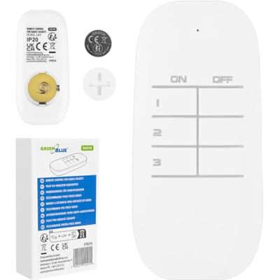 Green Blue GreenBlue GB310 Mando a Distancia para enchufes inalámbricos GB313, 3 Canales RF, 433,92 MHz, Alcance de hasta 30 m, Pila CR2032 incluida, Control sin Necesidad de apuntar Green Blue GreenBlue GB310 Mando a Distancia para enchufes inalámbricos GB313, 3 Canales RF, 433,92 MHz, Alcance de hasta 30 m, Pila CR2032 incluida, Control sin Necesidad de apuntar