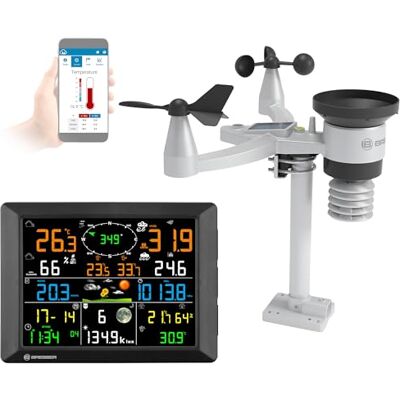 Bresser Estación meteorológica de 1,5 km de alcance, WiFi, sensor exterior 7 en 1, solar, UV, viento, lluvia, carga WiFi, alarma, clima interior y exterior Bresser Estación meteorológica de 1,5 km de alcance, WiFi, sensor exterior 7 en 1, solar, UV, viento, lluvia, carga WiFi, alarma, clima interior y exterior