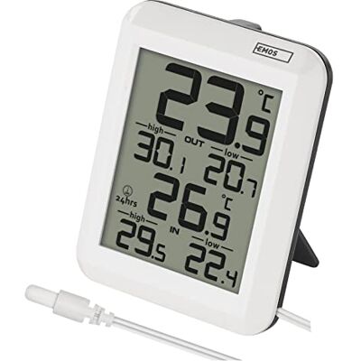 EMOS Termómetro digital para exteriores con sensor de cable de 0,9 m y función de memoria de 24 h, °C/°F, funciona con pilas EMOS Termómetro digital para exteriores con sensor de cable de 0,9 m y función de memoria de 24 h, °C/°F, funciona con pilas
