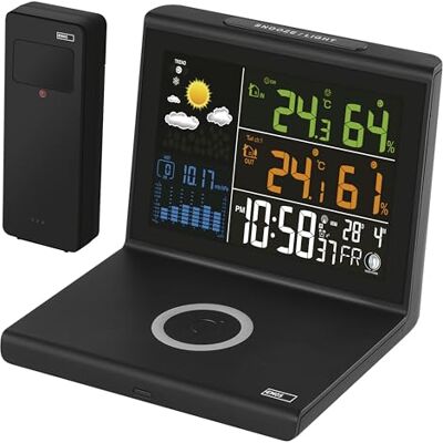 EMOS Estación meteorológica de radio con cargador inalámbrico Qi, pantalla a color VA, fuente de alimentación y sensor exterior, funciones termómetro, higrómetro, pronóstico del tiempo, pantalla de EMOS Estación meteorológica de radio con cargador inalámbrico Qi, pantalla a color VA, fuente de alimentación y sensor exterior, funciones termómetro, higrómetro, pronóstico del tiempo, pantalla de