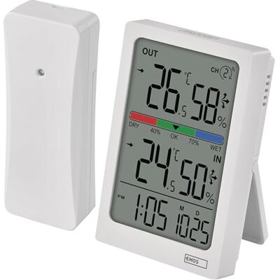 EMOS Termómetro e higrómetro digital con sensor inalámbrico, alcance de 100 m Tendencia de temperatura y humedad, indicador de confort, fecha, hora con función despertador Funciona con pilas EMOS Termómetro e higrómetro digital con sensor inalámbrico, alcance de 100 m Tendencia de temperatura y humedad, indicador de confort, fecha, hora con función despertador Funciona con pilas