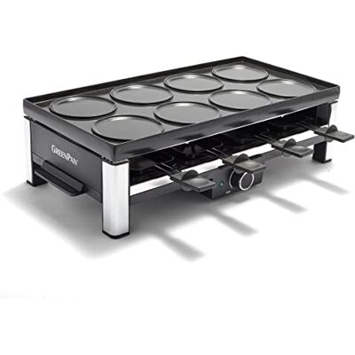 GreenPan Bistro Raclette Grill de Cerámica Antiadherente Sin PFAS, Eléctrico de Mesa para 8 Personas, Reversible 3 en 1 Parilla,Plancha y Crepes, 8 Mini-Sartenes Antiadherentes y Espátula,Lavavajillas GreenPan Bistro Raclette Grill de Cerámica Antiadherente Sin PFAS, Eléctrico de Mesa para 8 Personas, Reversible 3 en 1 Parilla,Plancha y Crepes, 8 Mini-Sartenes Antiadherentes y Espátula,Lavavajillas