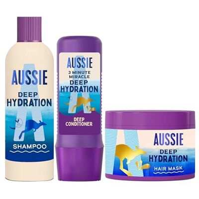 Aussie Hidratación Profunda Champú 300ml + Mascarilla 500ml + 3 Minute Miracle 250ml para Hidratar el Pelo Muy Seco y Grueso Aussie Hidratación Profunda Champú 300ml + Mascarilla 500ml + 3 Minute Miracle 250ml para Hidratar el Pelo Muy Seco y Grueso