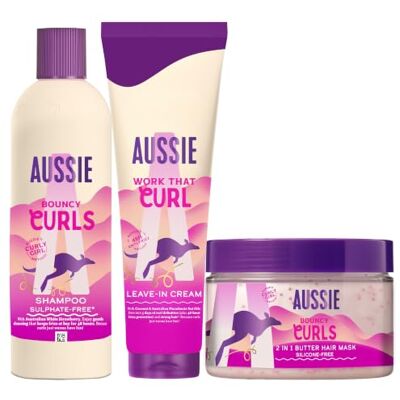 Aussie Bouncy Curls Champú 300ml + Mascarilla 500ml + Crema 160ml. Hidrata el Pelo. Con Aceites de Jojoba, Coco y Macadamia. Sin Siliconas Aussie Bouncy Curls Champú 300ml + Mascarilla 500ml + Crema 160ml. Hidrata el Pelo. Con Aceites de Jojoba, Coco y Macadamia. Sin Siliconas