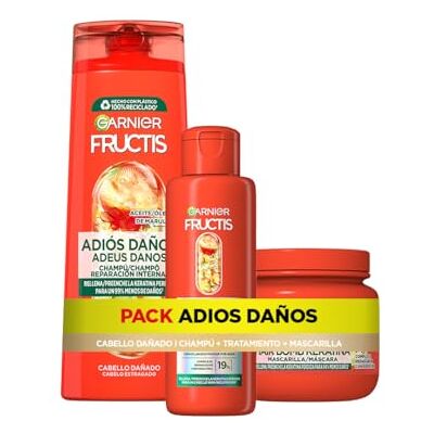 Garnier Fructis Rutina Adiós Daños con Tratamiento, Champú y Mascarilla, Rutina para cabello dañado, Reparación profunda, Con Queratina, 200ml+380 ml+320 ml Garnier Fructis Rutina Adiós Daños con Tratamiento, Champú y Mascarilla, Rutina para cabello dañado, Reparación profunda, Con Queratina, 200ml+380 ml+320 ml