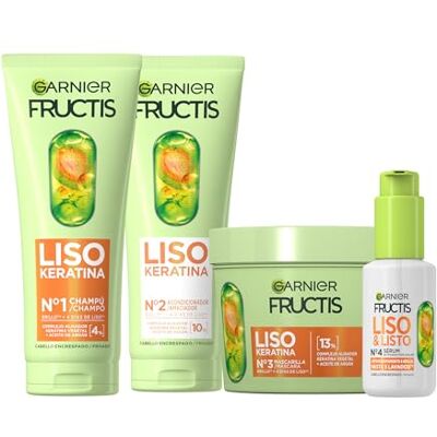 Garnier Fructis Rutina Liso Keratina para cabello encrespado: Champú + Acondicionador + Mascarilla + Sérum activado por calor Liso & Listo Garnier Fructis Rutina Liso Keratina para cabello encrespado: Champú + Acondicionador + Mascarilla + Sérum activado por calor Liso & Listo