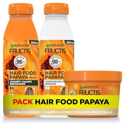 Garnier Pack Fructis Hair Food Papaya Champú, Acondicionador y Mascarilla, Desenreda, Reparación intensiva del Cabello Dañado, 98% Ingredientes Origen Natural, Vegano, Sin Siliconas Pack 350ml y 400ml Garnier Pack Fructis Hair Food Papaya Champú, Acondicionador y Mascarilla, Desenreda, Reparación intensiva del Cabello Dañado, 98% Ingredientes Origen Natural, Vegano, Sin Siliconas Pack 350ml y 400ml