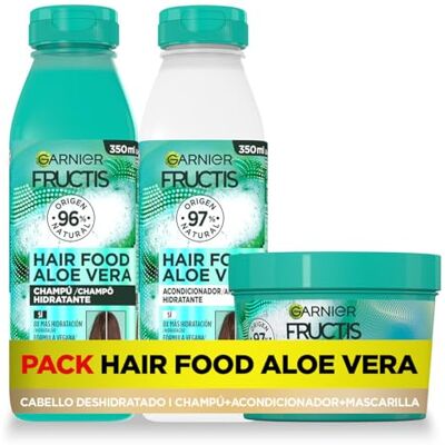Garnier Pack Champú + Acondicionador + Mascarilla para Pelo Normal a Seco, con Aloe Vera Hidratante, Limpia, Suaviza y Nutre, Cabello Suave y Sin Apelmazar, Set de 3 Productos, Fructis Hair Food de Garnier Pack Champú + Acondicionador + Mascarilla para Pelo Normal a Seco, con Aloe Vera Hidratante, Limpia, Suaviza y Nutre, Cabello Suave y Sin Apelmazar, Set de 3 Productos, Fructis Hair Food de