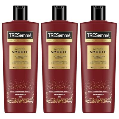 TRESemmé Keratin Smooth Champú Antiencrespamiento, Cabello Liso, Pelo Brillante y Sedoso, Acción Anti Frizz Hasta 72 Horas, con Queratina Hidrolizada, 3x 400 ml TRESemmé Keratin Smooth Champú Antiencrespamiento, Cabello Liso, Pelo Brillante y Sedoso, Acción Anti Frizz Hasta 72 Horas, con Queratina Hidrolizada, 3x 400 ml