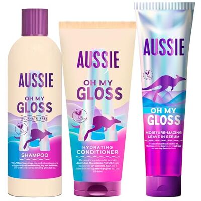 Aussie Oh My Gloss Champú 300ml + Acondicionador 200ml + Sérum Sin Aclarado 160ml. Hidrata Profundamente el Pelo Seco y Apagado Aussie Oh My Gloss Champú 300ml + Acondicionador 200ml + Sérum Sin Aclarado 160ml. Hidrata Profundamente el Pelo Seco y Apagado