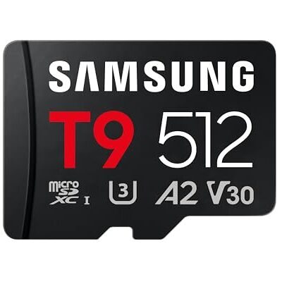 Samsung T9 Tarjeta microSD, 512 GB, con Adaptador SD, UHS-I U3 Tarjeta de Memoria para Drones, Cámaras de Acción y 360°, FullHD, 4K UHD, Lectura 200MB/s, Escritura 130MB/s, MB-MH512T/WW Samsung T9 Tarjeta microSD, 512 GB, con Adaptador SD, UHS-I U3 Tarjeta de Memoria para Drones, Cámaras de Acción y 360°, FullHD, 4K UHD, Lectura 200MB/s, Escritura 130MB/s, MB-MH512T/WW