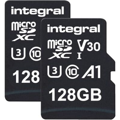 Integral Pack Doble de Tarjetas microSD 128GB, Alta Velocidad, vídeo 4K, hasta 100MB/s Lectura y 50MB/s Escritura, UHS-I, U3, V30, Clase 10, A1 – para móviles, Tablets, Drones y Consolas. Integral Pack Doble de Tarjetas microSD 128GB, Alta Velocidad, vídeo 4K, hasta 100MB/s Lectura y 50MB/s Escritura, UHS-I, U3, V30, Clase 10, A1 – para móviles, Tablets, Drones y Consolas.
