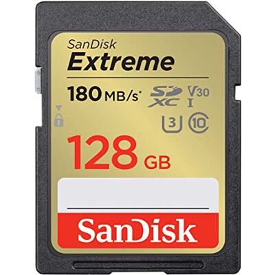 SanDisk 128GB Extreme, Tarjeta de memoria, SDHC, hasta 180 MB/s + RescuePro Deluxe Class 10 U3 V30 SanDisk 128GB Extreme, Tarjeta de memoria, SDHC, hasta 180 MB/s + RescuePro Deluxe Class 10 U3 V30