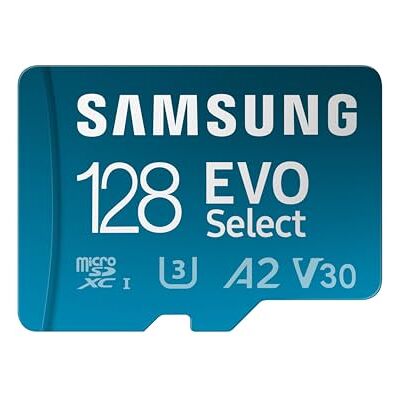 Samsung EVO Select (2024) Tarjeta microSD + Adaptador SD, 128 GB, Tarjeta de Memoria para Smartphone y Tablet, UHS-I U3, 4K UHD, Full HD, Lectura 160 MB/s, MB-ME128SA/EU Samsung EVO Select (2024) Tarjeta microSD + Adaptador SD, 128 GB, Tarjeta de Memoria para Smartphone y Tablet, UHS-I U3, 4K UHD, Full HD, Lectura 160 MB/s, MB-ME128SA/EU
