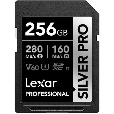 Lexar SILVER PRO Tarjeta SD de 256GB, tarjeta de memoria SD UHS-II, V60, U3, C10, lectura de hasta 280MB/s, escritura de 160MB/s, tarjeta SDXC para DSLR/cámara/fotógrafo/videógrafo (LSDSIPR256G-BNNAA) Lexar SILVER PRO Tarjeta SD de 256GB, tarjeta de memoria SD UHS-II, V60, U3, C10, lectura de hasta 280MB/s, escritura de 160MB/s, tarjeta SDXC para DSLR/cámara/fotógrafo/videógrafo (LSDSIPR256G-BNNAA)