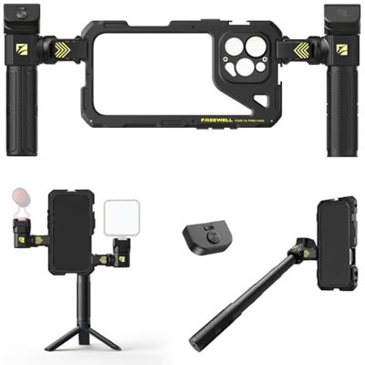 FREEWELL Genius Rig Cage para iPhone 16 Pro MAX Instalación sin herramientas, trípode multifuncional y asas para monopié, mando a distancia Bluetooth FREEWELL Genius Rig Cage para iPhone 16 Pro MAX Instalación sin herramientas, trípode multifuncional y asas para monopié, mando a distancia Bluetooth