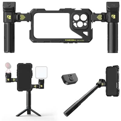 FREEWELL Genius Rig Cage para iPhone 16 Pro Instalación sin herramientas, asas multifuncionales para trípode y monopié, mando Bluetooth FREEWELL Genius Rig Cage para iPhone 16 Pro Instalación sin herramientas, asas multifuncionales para trípode y monopié, mando Bluetooth