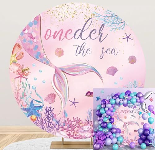 Ttincceer Sirena telón de Fondo Redondo 220 cm Colorido Coral Estrella de mar Submarino Paisaje Fondo Vida Marina Puntos Dorados Brillante fotografía Fondo Baby Shower Banner de cumpleaños