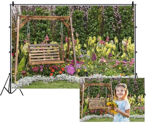 Ttincceer Primavera jardín telón de Fondo 250x180cm Flores Coloridas Columpio de Madera césped fotografía Fondo Tarde té Boda Fiesta fotografía Banner Estudio Retrato Foto Accesorios