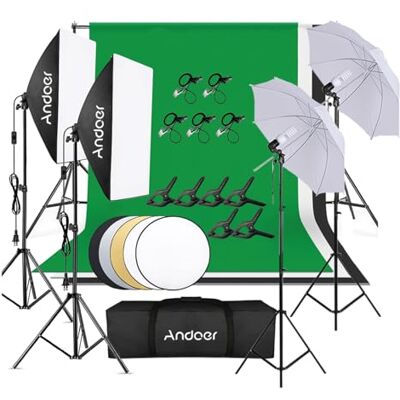 Andoer Kit Fondo Fotográfico Estudio,Softbox de 45W,Paraguas de Luz Suave de 45W,iluminación Profesional,1.8x2.7m Tela de Fondo(Negro/Blanco/Verde) con Sistema de Soporte,para Fotografía y Vídeo Andoer Kit Fondo Fotográfico Estudio,Softbox de 45W,Paraguas de Luz Suave de 45W,iluminación Profesional,1.8x2.7m Tela de Fondo(Negro/Blanco/Verde) con Sistema de Soporte,para Fotografía y Vídeo