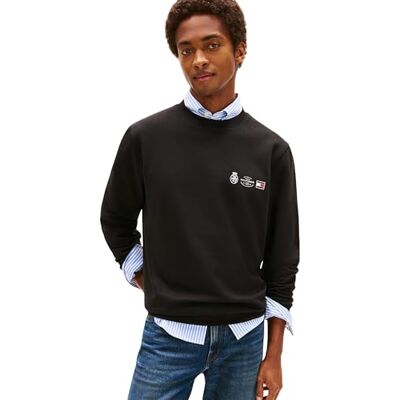 Tommy Hilfiger Sweatshirt Hombre Small Crest Outline con Cuello Redondo, Negro (Black), XL Tommy Hilfiger Sweatshirt Hombre Small Crest Outline con Cuello Redondo, Negro (Black), XL