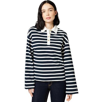Tommy Hilfiger Jersey Mujer Gold Button Rugby Terry con Cuello francés, Multicolor (Dark Night Navy/Ivory Silk STP), L Tommy Hilfiger Jersey Mujer Gold Button Rugby Terry con Cuello francés, Multicolor (Dark Night Navy/Ivory Silk STP), L