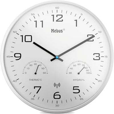 Mebus Reloj de Pared Moderno con indicador de Temperatura y Humedad, 30 cm, Radio Reloj, salón, Cocina, Modelo , Color Blanco Mebus Reloj de Pared Moderno con indicador de Temperatura y Humedad, 30 cm, Radio Reloj, salón, Cocina, Modelo , Color Blanco