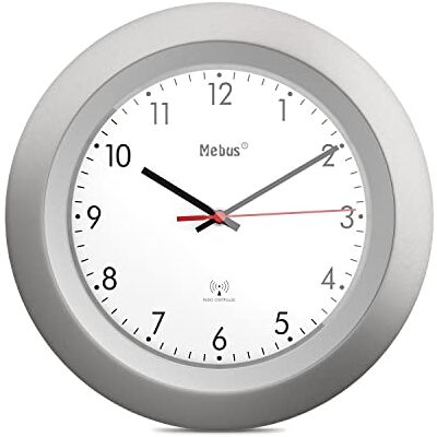 Mebus Funk-Wanduhr/klassisches Model/silberner Rahmen/weißes Zifferblatt / 29cm Durchmesser/Rund/Funkuhr (DCF77) / Modell: / Farbe: Silber, Weiß Mebus Funk-Wanduhr/klassisches Model/silberner Rahmen/weißes Zifferblatt / 29cm Durchmesser/Rund/Funkuhr (DCF77) / Modell: / Farbe: Silber, Weiß