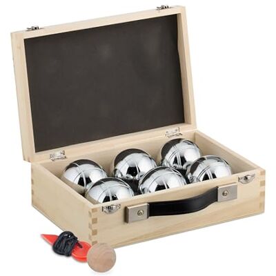 Relaxdays 6 Bolas de Petanca Acero, Cuerda de Medición y Maletín de Madera, Juego Boccia, 72 mm, Natural/Plateado Relaxdays 6 Bolas de Petanca Acero, Cuerda de Medición y Maletín de Madera, Juego Boccia, 72 mm, Natural/Plateado