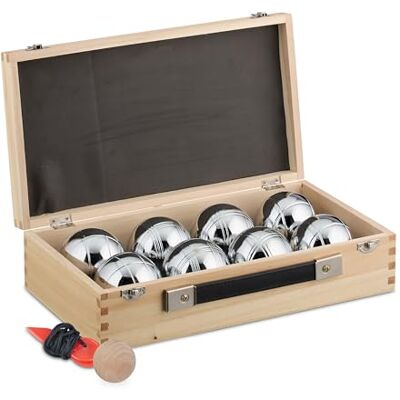 Relaxdays 8 Bolas de Petanca Acero, Cuerda de Medición y Maletín de Madera, Juego Boccia, 72 mm, Natural/Plateado Relaxdays 8 Bolas de Petanca Acero, Cuerda de Medición y Maletín de Madera, Juego Boccia, 72 mm, Natural/Plateado
