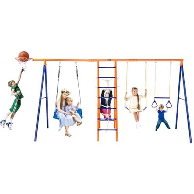 VEVOR 6 en 1 Juego de Columpios para Patio Trasero con 2 Columpios, Barra Trapecio, Escalera de Escalada, Red de Escalada y Aro de Baloncesto Capacidad de Carga 200KG para Niños a Partir de 3 Años VEVOR 6 en 1 Juego de Columpios para Patio Trasero con 2 Columpios, Barra Trapecio, Escalera de Escalada, Red de Escalada y Aro de Baloncesto Capacidad de Carga 200KG para Niños a Partir de 3 Años