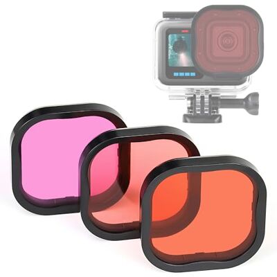 GEPULY Paquete de 3 filtros de Buceo para GoPro Hero12 11 10 9 8 Carcasa Impermeable (Rojo, Rojo Claro, filtros Magenta) corrección de Color Profesional en Buceo Profundo, esnórquel, fotografía GEPULY Paquete de 3 filtros de Buceo para GoPro Hero12 11 10 9 8 Carcasa Impermeable (Rojo, Rojo Claro, filtros Magenta) corrección de Color Profesional en Buceo Profundo, esnórquel, fotografía