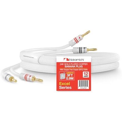 Nakamichi Excel Series Conector tipo banana chapado en oro de 24 quilates con cable de altavoz (3 pies) 99.9% cobre libre de oxígeno (OFC) trenzado resistente Blanco (12 AWG / 3 pies / 0.9 m) Nakamichi Excel Series Conector tipo banana chapado en oro de 24 quilates con cable de altavoz (3 pies) 99.9% cobre libre de oxígeno (OFC) trenzado resistente Blanco (12 AWG / 3 pies / 0.9 m)