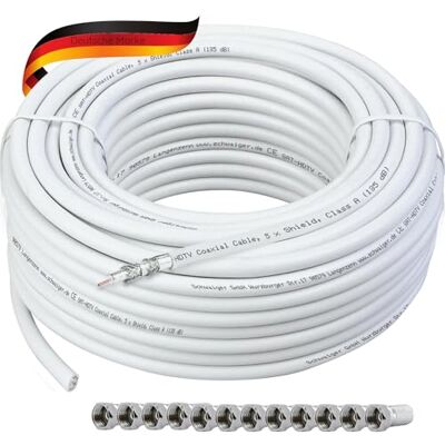 SCHWAIGER 9581 Cable coaxial 25m 135dB Cable de antena Cable Sat 75 Ohm Cable TV 5 veces apantallado Resistente a la humedad 8,2mm diámetro cable blanco incl. enchufe F SCHWAIGER 9581 Cable coaxial 25m 135dB Cable de antena Cable Sat 75 Ohm Cable TV 5 veces apantallado Resistente a la humedad 8,2mm diámetro cable blanco incl. enchufe F