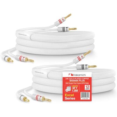 Nakamichi Excel Series Conector tipo banana chapado en oro de 24 quilates con cable de altavoz 99.9% cobre libre de oxígeno (OFC) trenzado Certificado CL2 Blanco (12 AWG / 6 pies / 1,8 m) 2 paquete Nakamichi Excel Series Conector tipo banana chapado en oro de 24 quilates con cable de altavoz 99.9% cobre libre de oxígeno (OFC) trenzado Certificado CL2 Blanco (12 AWG / 6 pies / 1,8 m) 2 paquete
