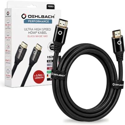 OEHLBACH Black Magic MKII Cable HDMI 2.1, Negro, 1,5 m Ultra High Speed 48 Gbit/s, 8K@60Hz, 4K@120Hz, gaming, eARC, Dolby Vision, VRR, contactos chapados en oro de 24 quilates OEHLBACH Black Magic MKII Cable HDMI 2.1, Negro, 1,5 m Ultra High Speed 48 Gbit/s, 8K@60Hz, 4K@120Hz, gaming, eARC, Dolby Vision, VRR, contactos chapados en oro de 24 quilates